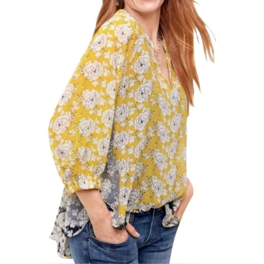 CAbi Amelia Gather White, Yellow Floral Whimsigoth Fairy Boho Sheer Blouse S S